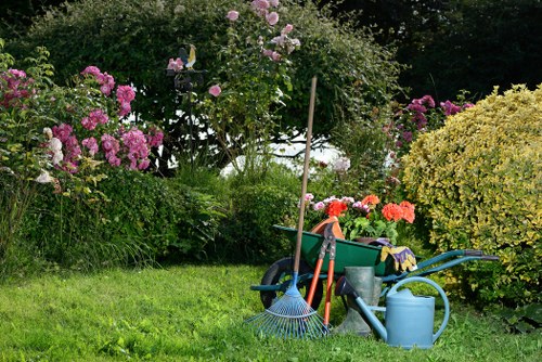 Gardener trimming a lush green hedge in Sutton